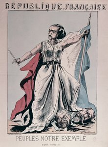 Personificazione della Repubblica Francese come Louise Michel che calpesta le teste di Louis Adolphe Thiers e Napoleone III